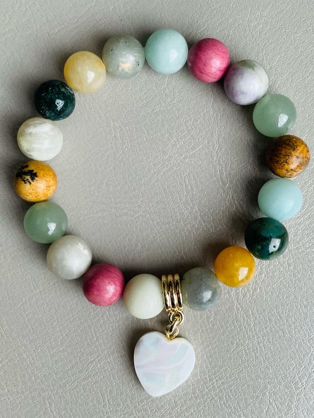 Luna Norte- Multicolor Gemstone Beaded Heart Charm Stretch Bracelet